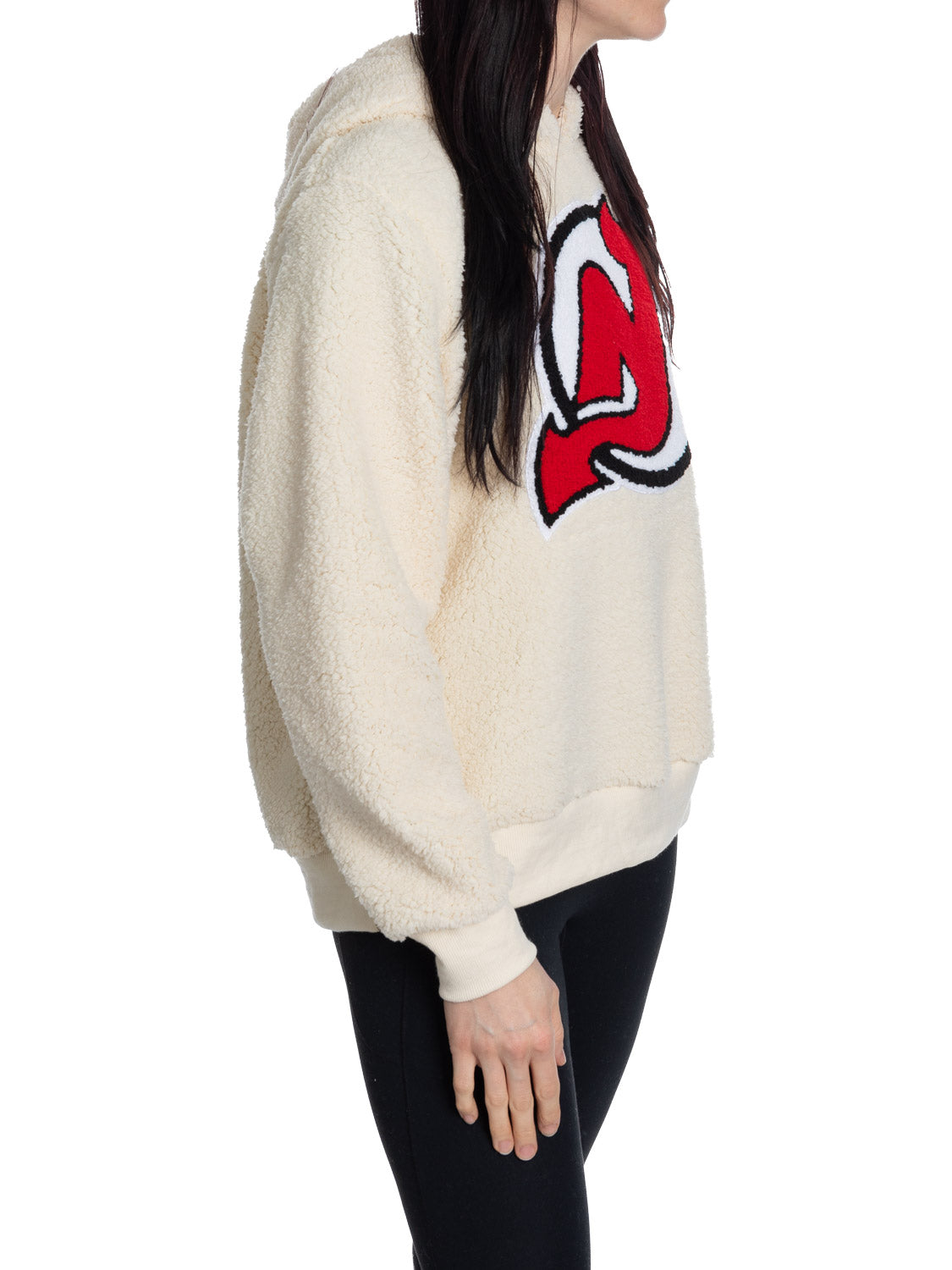 Chandail à capuchon Sherpa pour femme New Jersey Devils avec logo chenille de qualité supérieure