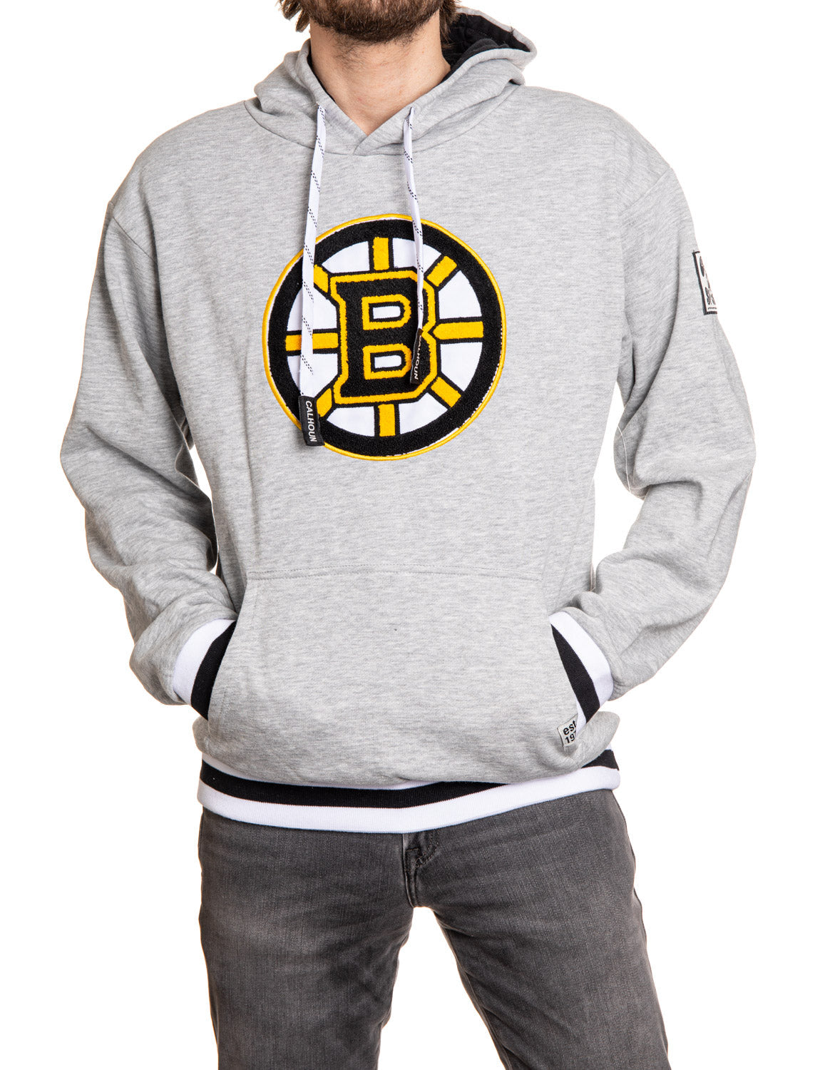 Chandail à capuchon avec logo tissé en chenille de première qualité Boston Bruins, style Muskoka