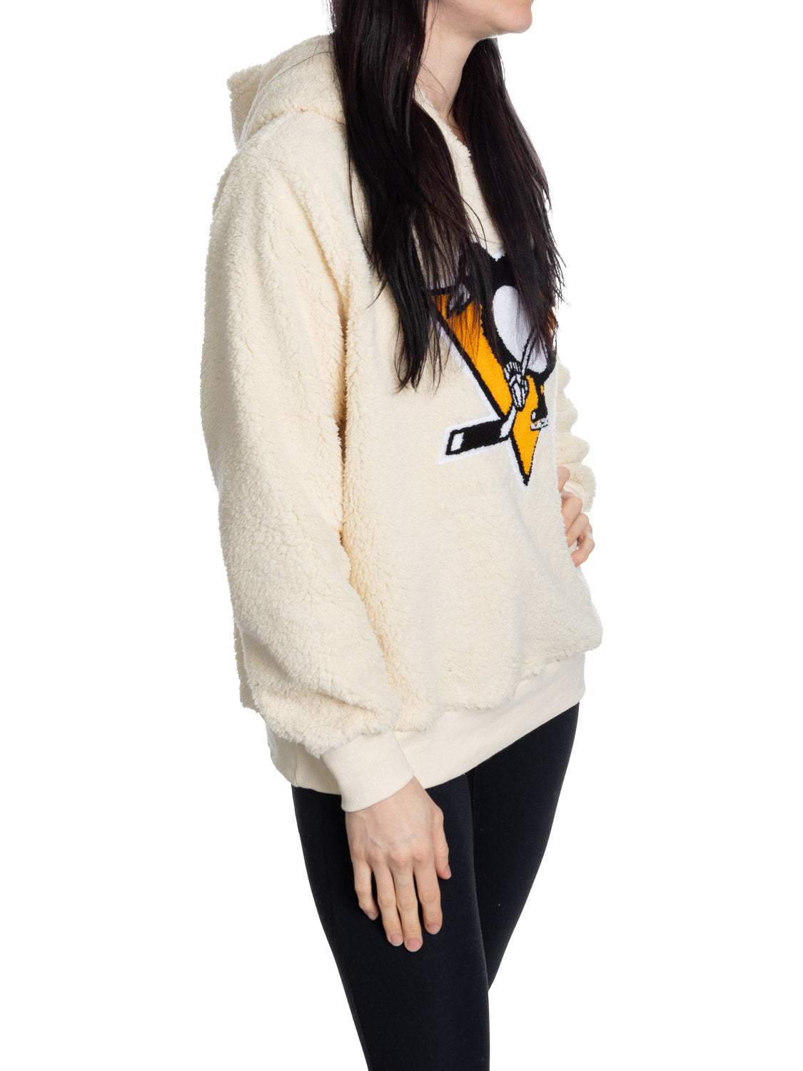 Chandail à capuchon Sherpa pour femme Pittsburgh Penguins avec logo chenille de qualité supérieure