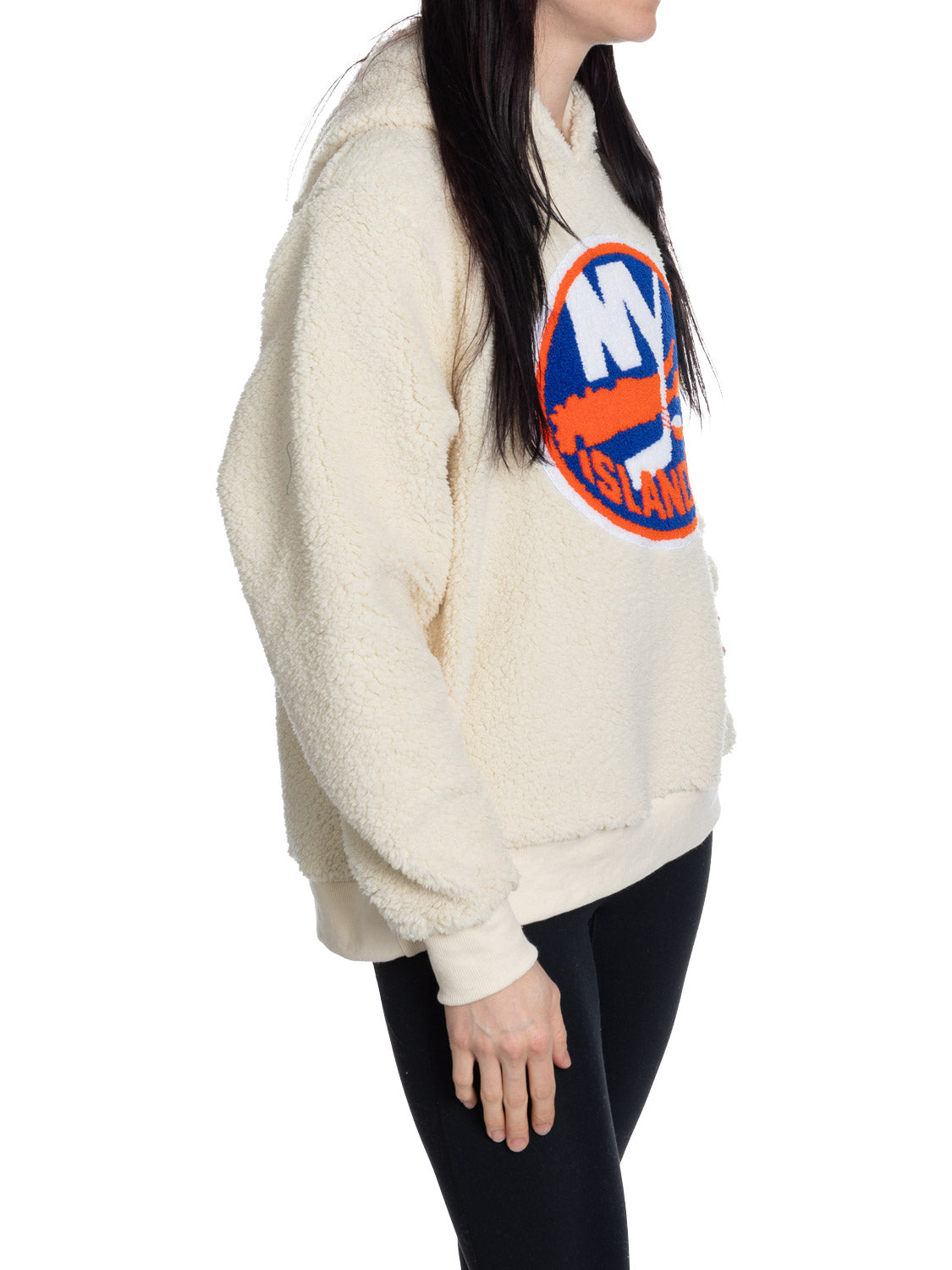 Chandail à capuchon Sherpa pour femme des Islanders de New York avec logo en chenille de qualité supérieure